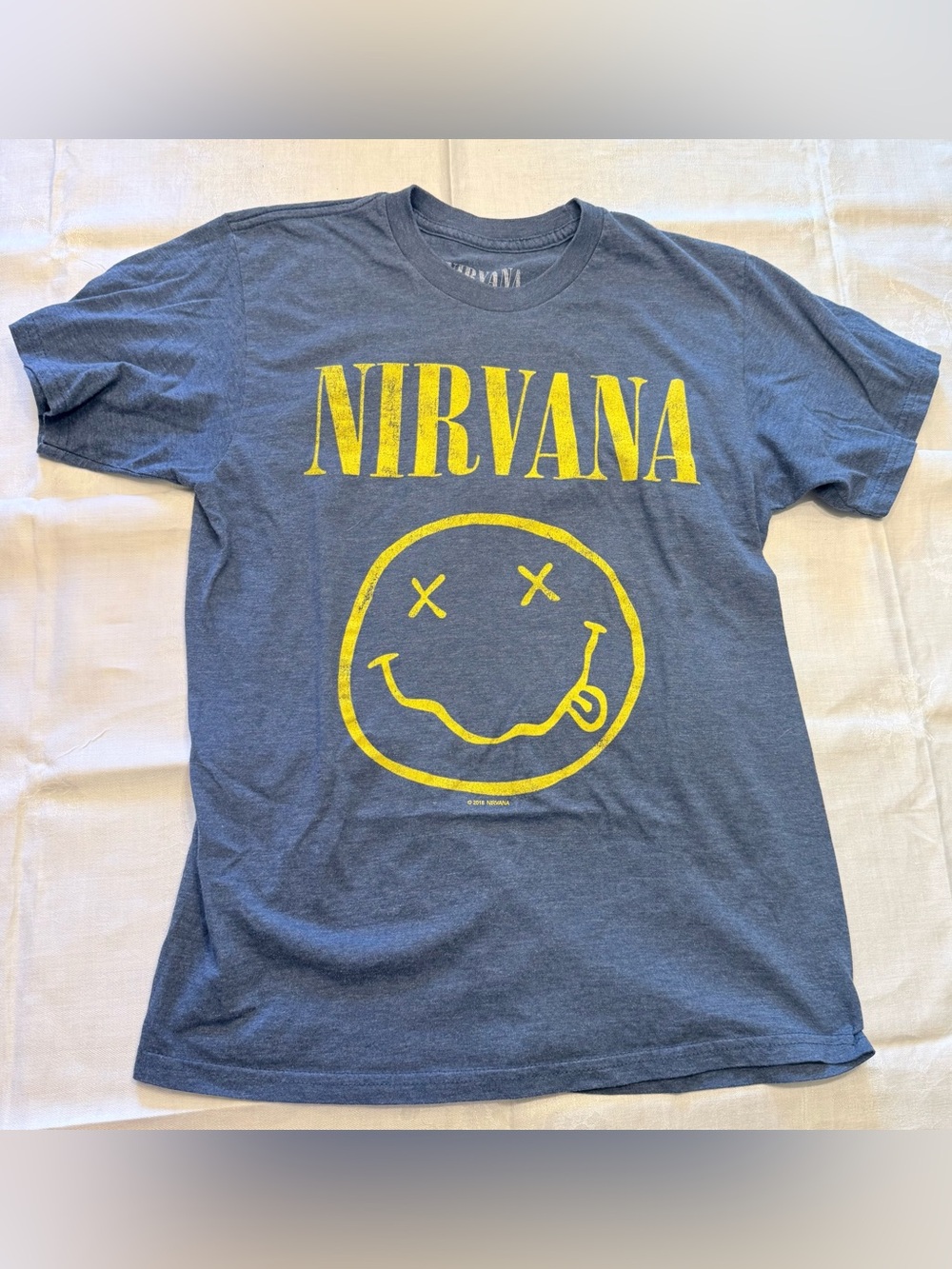 Official NIRVANA Blue Short-Sleeve Tee with Yellow Smiley Logo Size Medium